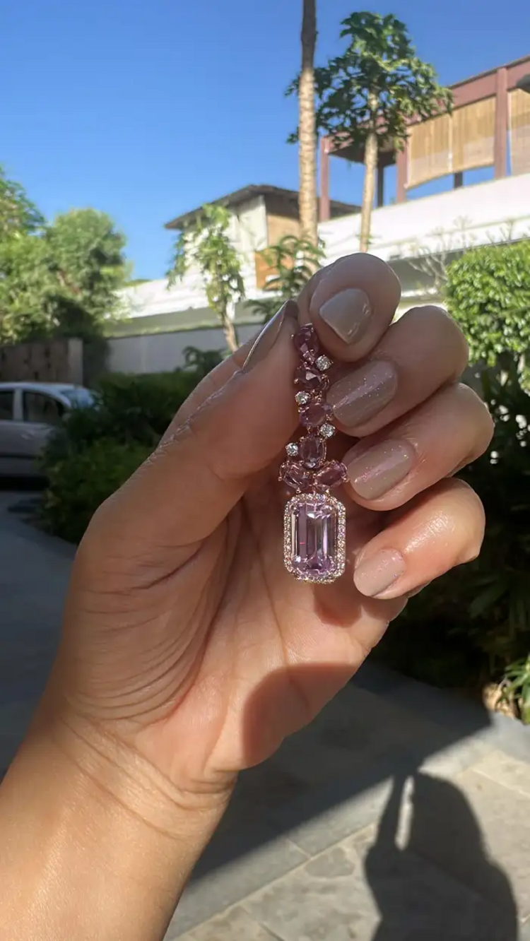 18k Rose Gold Kunzaite Gemstone Dangle Earrings - Natural Diamond & Pink Sapphire Wedding Earrings