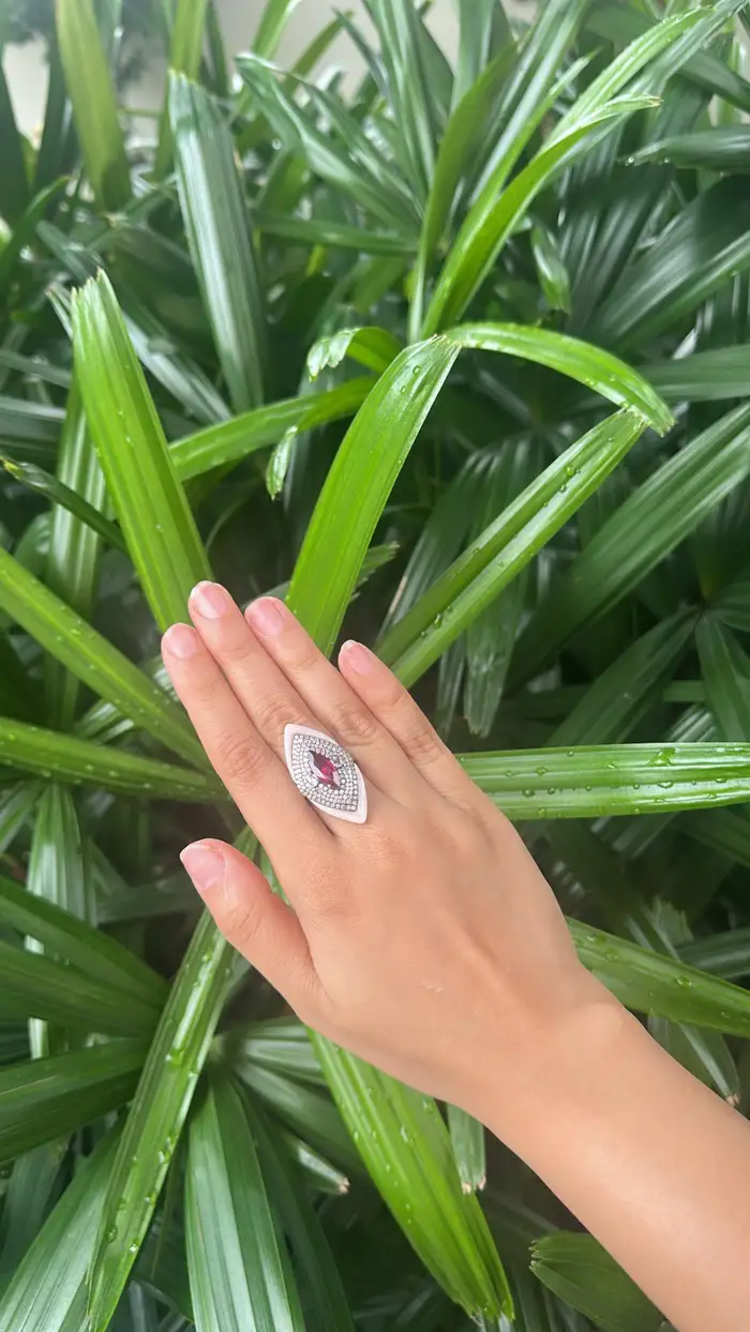 18k White Gold Diamond Handmade Ring - Natural Rubellite & Pink Opal Statement Ring
