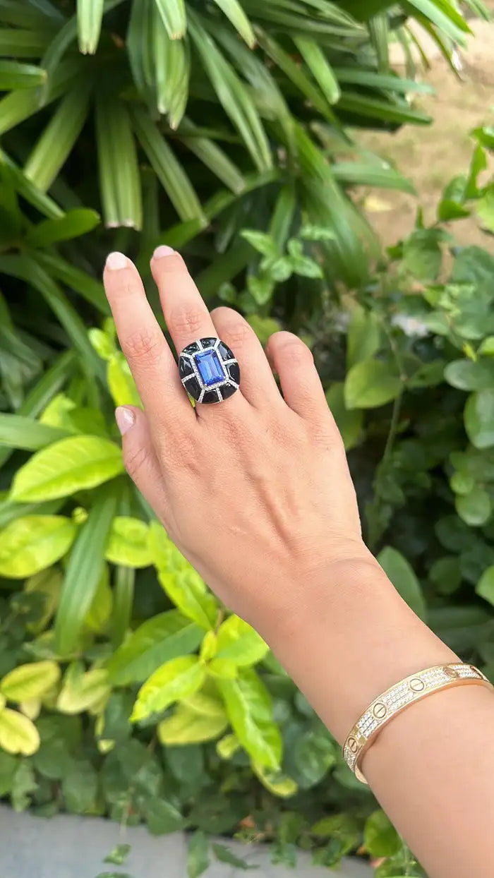 18k Gold Diamond Ring - Natural 7.33 Ct. Tanzanite & Black Onyx Ring - Handmade White Gold Ring