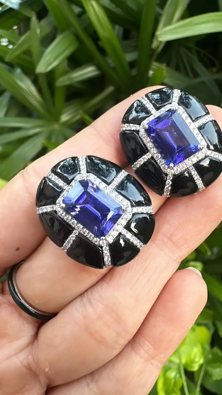9.24 Ct. Natural Tanzanite Stud Earrings - 18k White Gold Handmade Earrings - Gold Diamond Women Earrings - Black Onyx Earrings