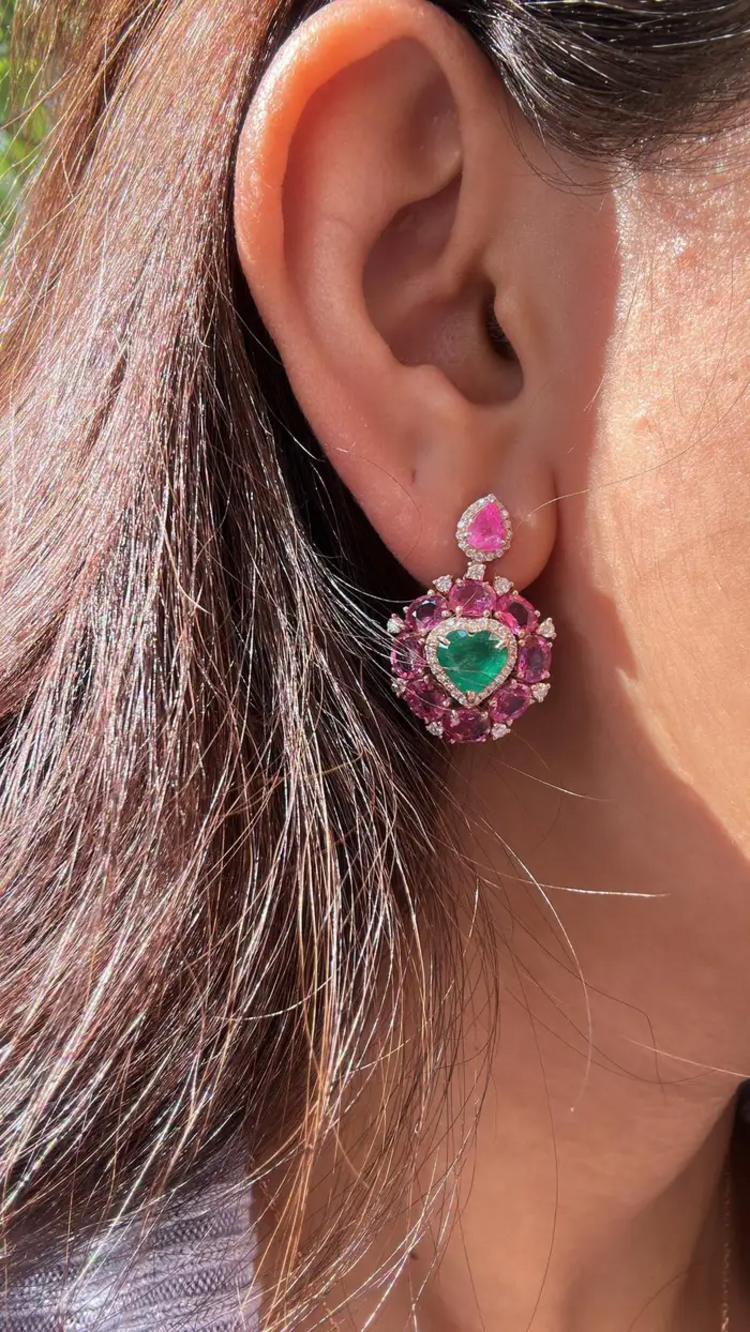 Heart Shape 8.95 Ct. Zambian Emerald Earrings - 18k Rose Gold Diamond Dangle Earrings - Natural Pink Sapphire Earrings