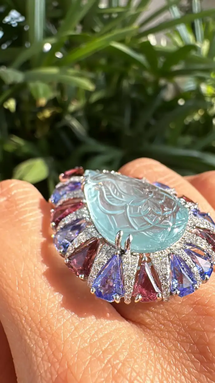 Natural Rubellite, Tanzanite & Carved Aquamarine Gold Ring - 18k White Gold Diamond Big Ring