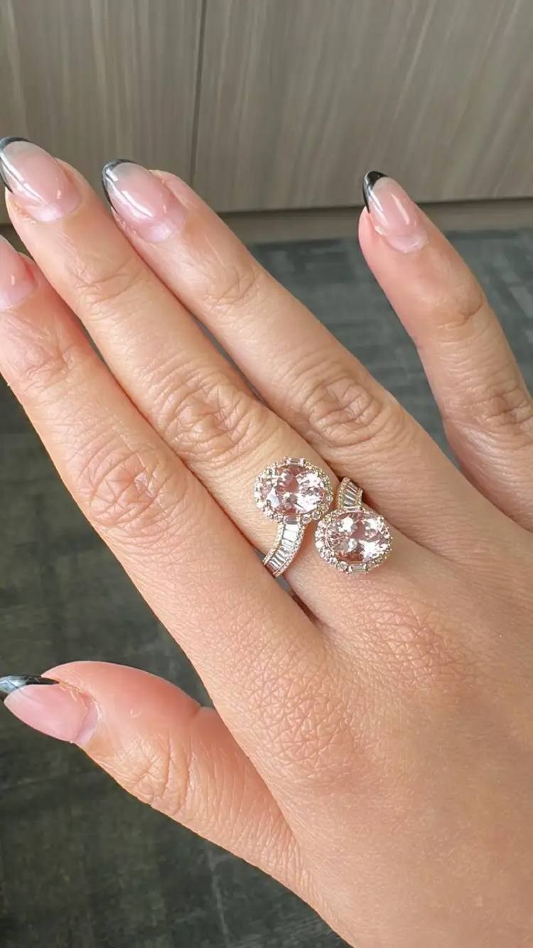 Natural Morganite & Tapered Diamond Wrap Ring - Handmade 18k Rose Gold Toi et Moi Ring