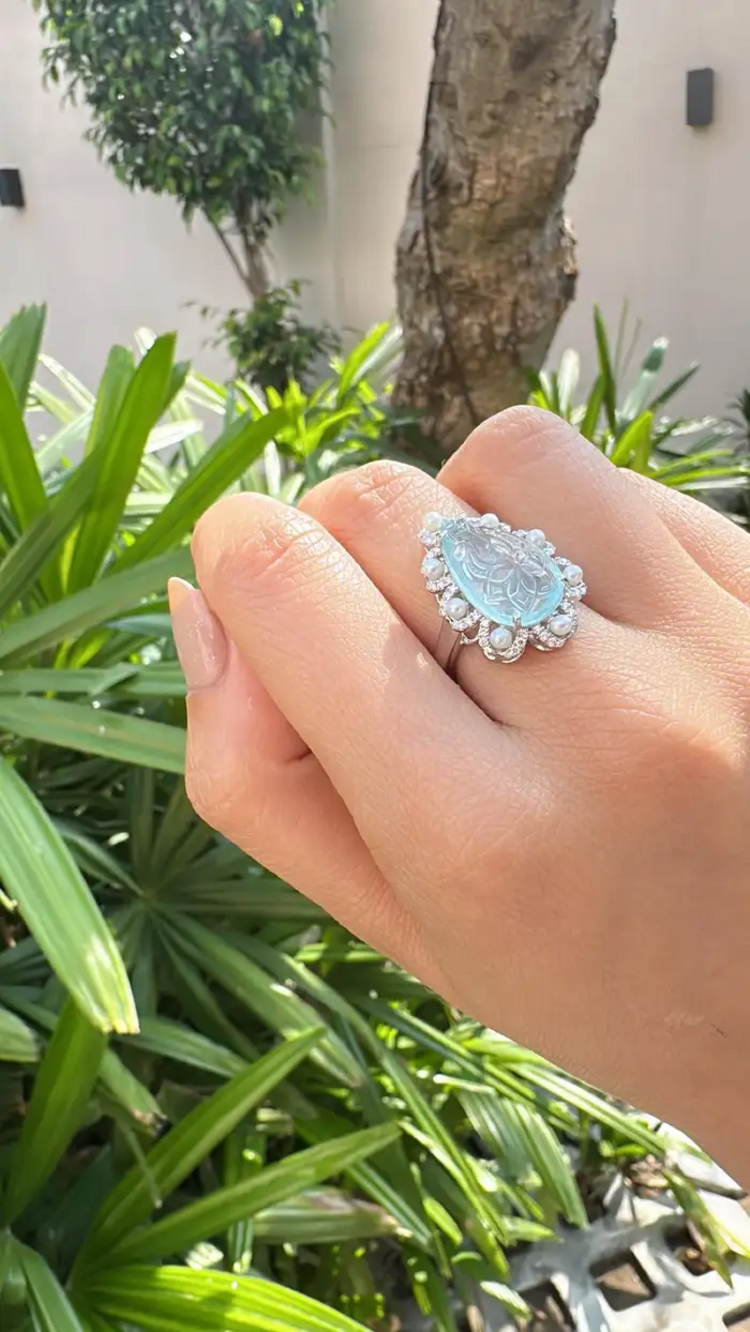 6.28 Ct. Carved Aquamarine & Fresh Water Pearl Engagement Ring - 18k White Gold Diamond Handmade Ring