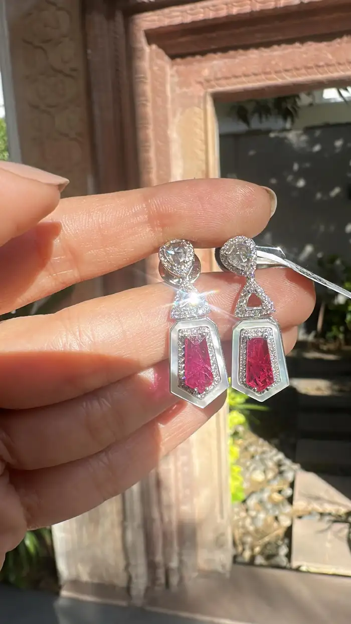 Natural Mozambique Ruby & Pearl Dangle Earrings - 18k White Gold Rose Gold Handmade Earrings