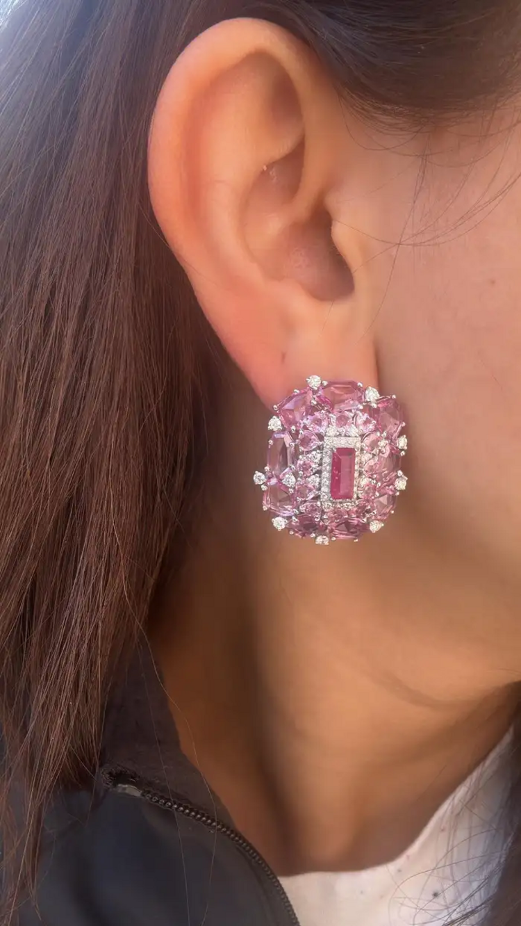 Natural Mozambique Ruby & Ceylon Pink Sapphire Stud Earrings - 18k White Gold Diamond Earrings