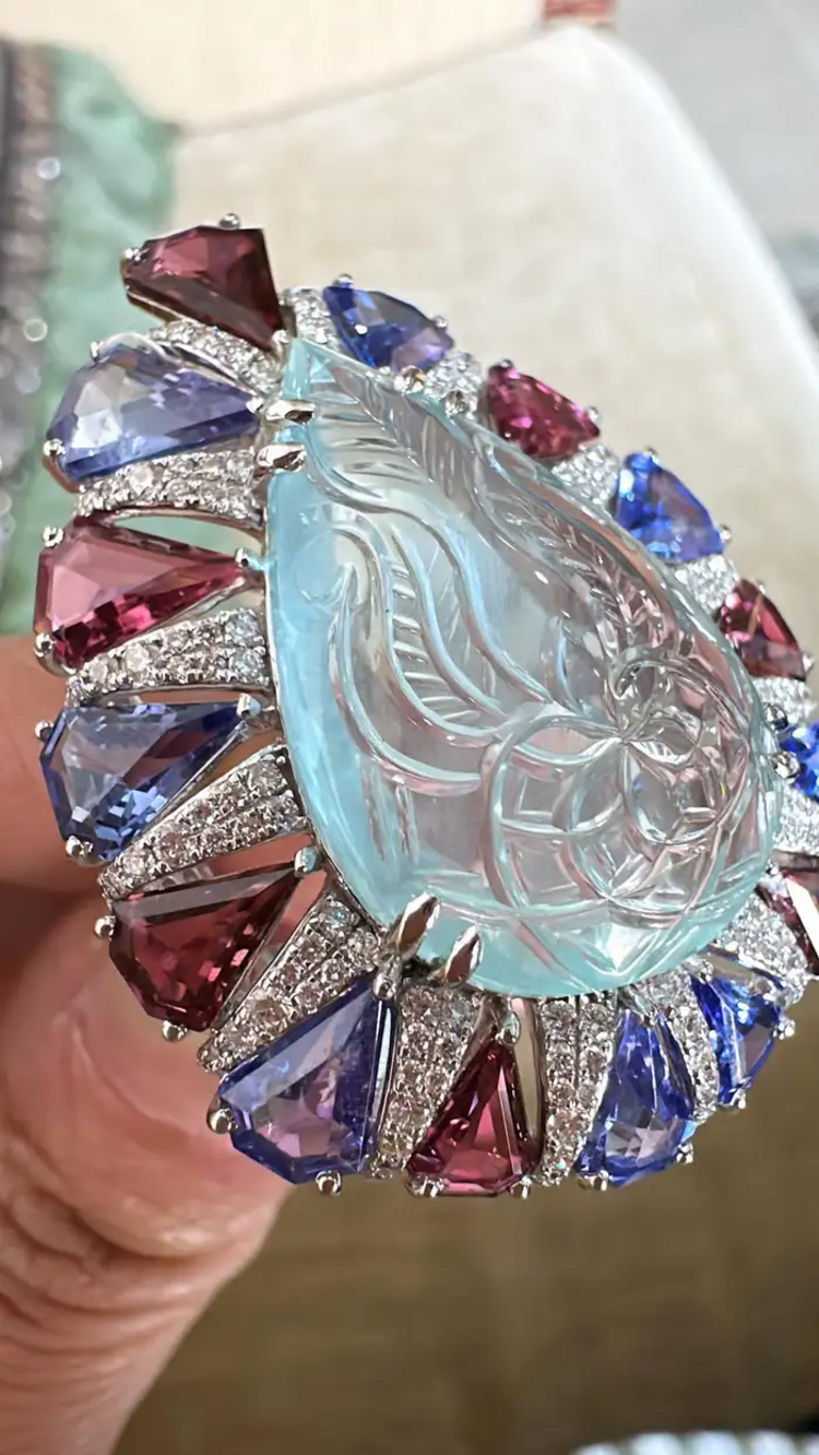 Natural Rubellite, Tanzanite & Carved Aquamarine Gold Ring - 18k White Gold Diamond Big Ring