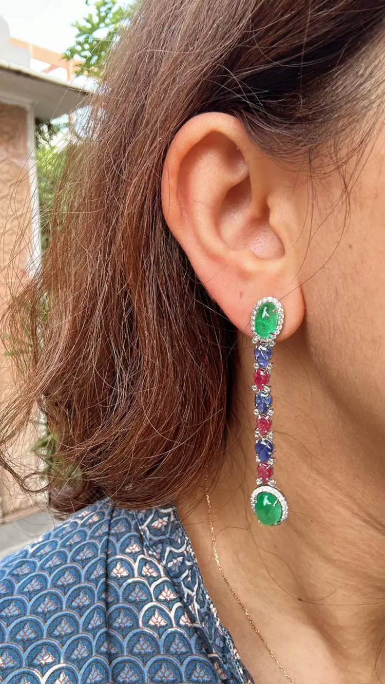 Natural Colombian Emerald & Carved Ruby Gemstone Dangle Earrings - 18k White Gold Diamond Earrings