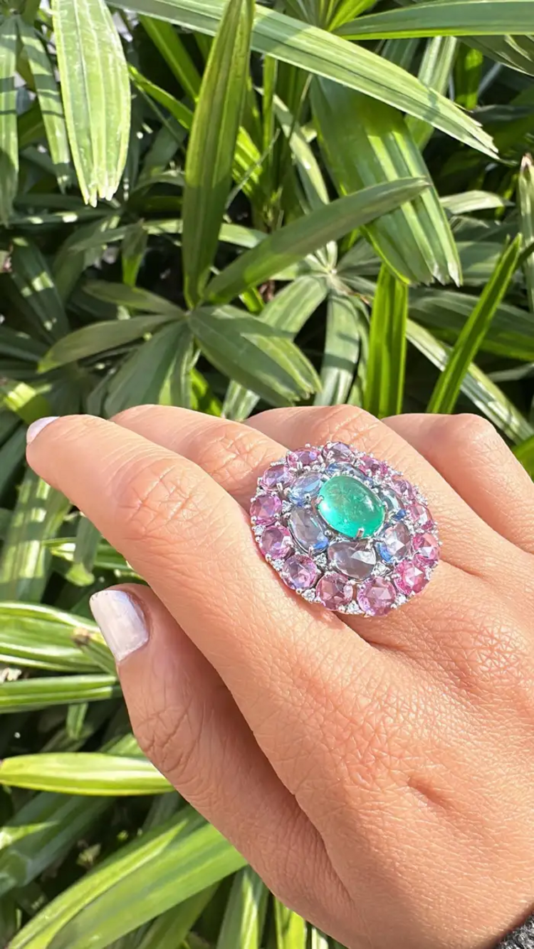 Colombian Emerald & Diamond Cocktail Ring - 18k White Gold Pink & Blue Sapphire Statement Ring