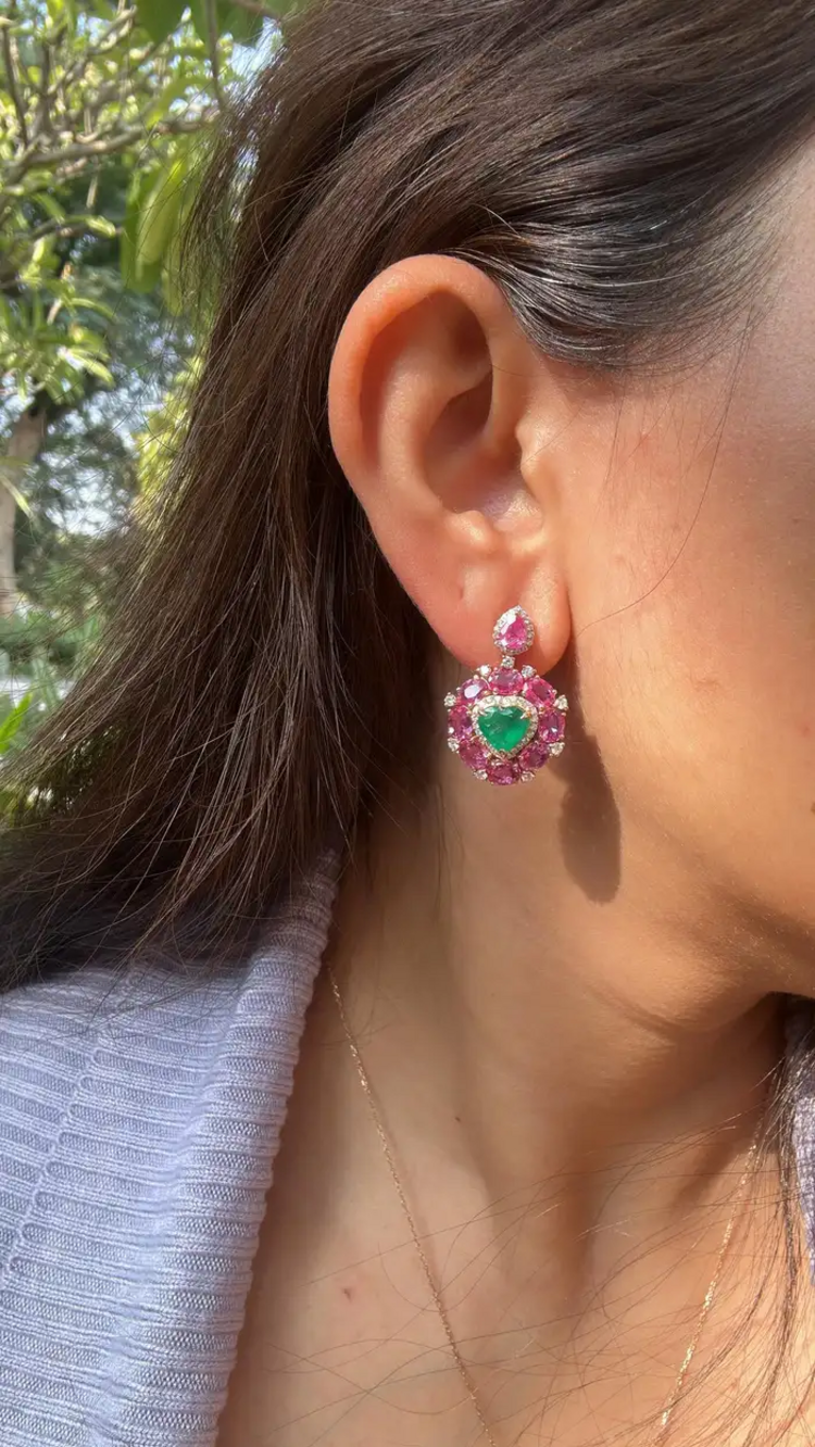 Heart Shape 8.95 Ct. Zambian Emerald Earrings - 18k Rose Gold Diamond Dangle Earrings - Natural Pink Sapphire Earrings