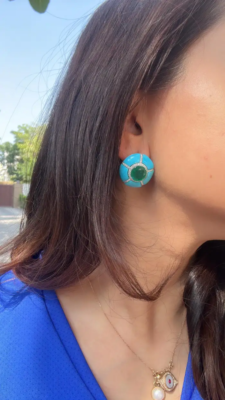 18k White Round Zambian Emerald Stud Earrings - Turquoise Gemstone & Diamond Women Jewelry