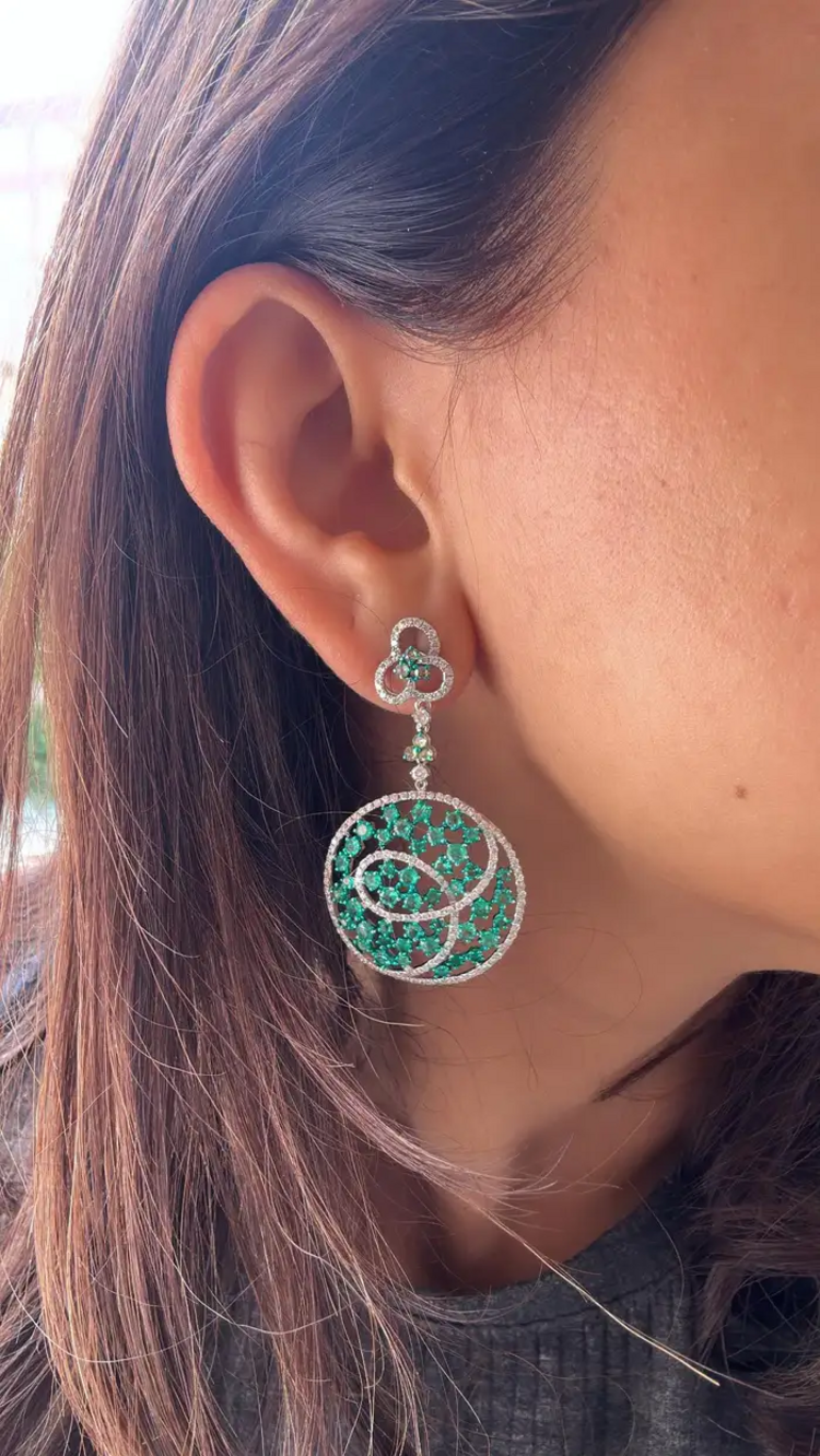 Natural Colombian Emerald Dangle Earrings - 18k White Gold Diamond Chandelier Earrings