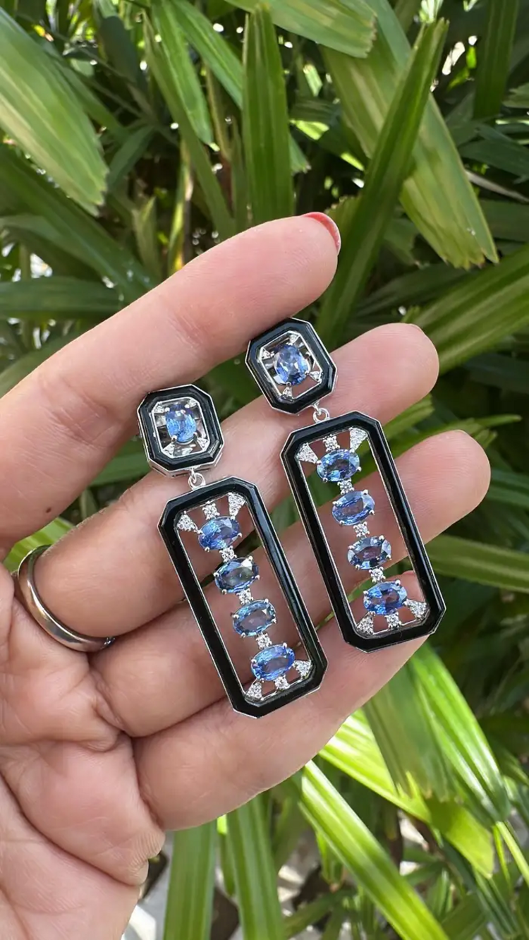 5.59 Ct. Oval Cut Ceylon Blue Sapphire 18k White Gold Earrings - Natural Diamond & Black Onyx Dangle Earrings
