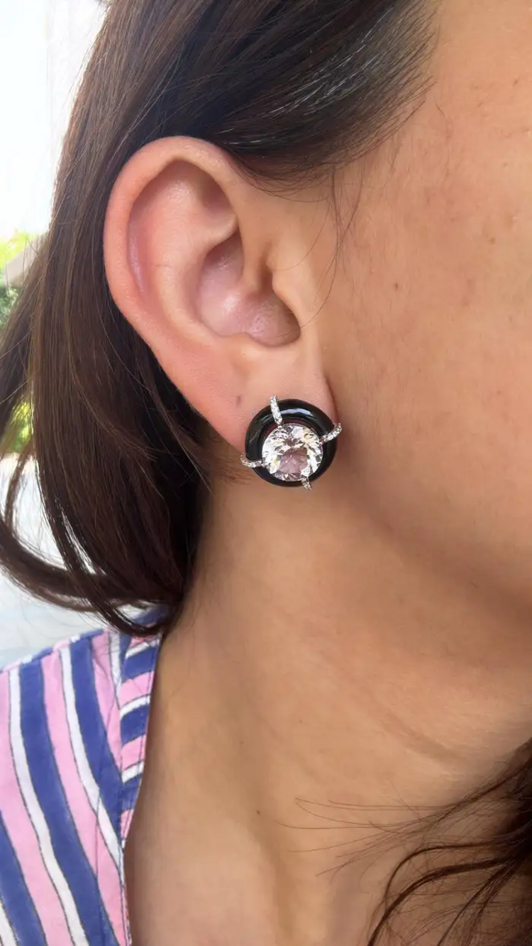 Natural Morganite & Black Onyx Stud Earrings - 18k Gold Diamond Round Tiny Stud Earrings