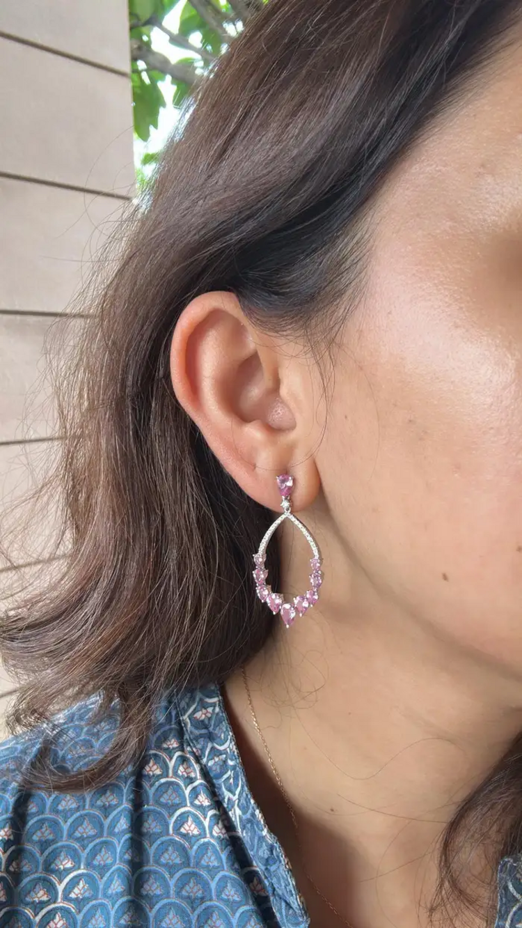 Natural Pink Sapphire Dangle Earrings - 18k White Gold Handmade Diamond Women Earrings