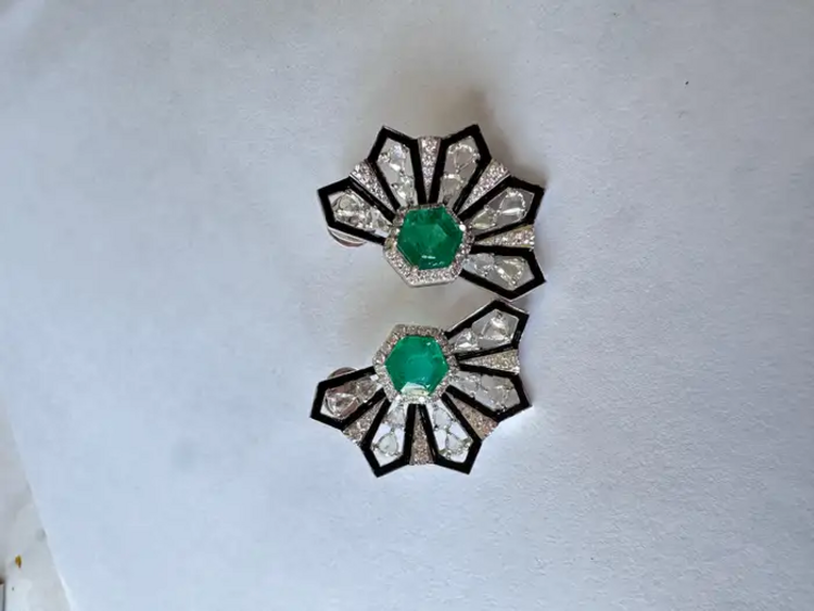 18k White Gold Handmade Stud Earrings - Natural Zambian Emerald & Diamond Women Earrings