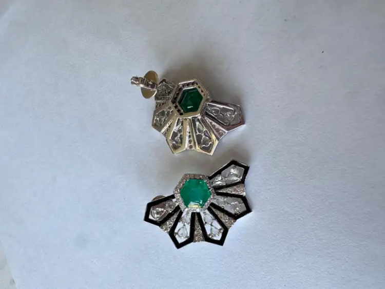 18k White Gold Handmade Stud Earrings - Natural Zambian Emerald & Diamond Women Earrings