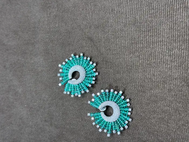 Natural Zambian Emerald Beads Earrings - 18k White Gold Diamond Stud Hoop Wedding Earrings