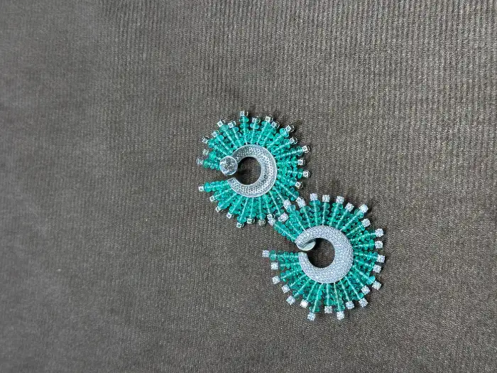 Natural Zambian Emerald Beads Earrings - 18k White Gold Diamond Stud Hoop Wedding Earrings