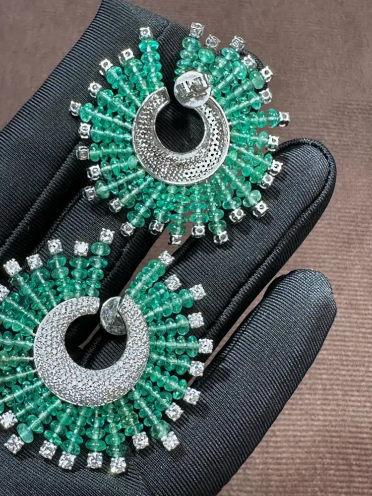 Natural Zambian Emerald Beads Earrings - 18k White Gold Diamond Stud Hoop Wedding Earrings