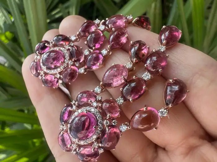 39.21 Ct. Cabochon Tourmaline Gemstone Dangle Earrings - 18k Rose Gold Diamond Wedding Earrings