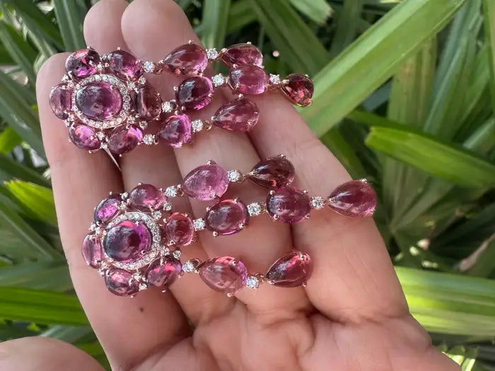 39.21 Ct. Cabochon Tourmaline Gemstone Dangle Earrings - 18k Rose Gold Diamond Wedding Earrings