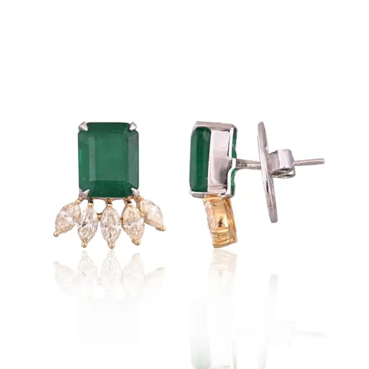 Natural Zambian Emerald Stud Earrings - 18k Two Tone Gold Earrings With Marquise Yellow Diamonds