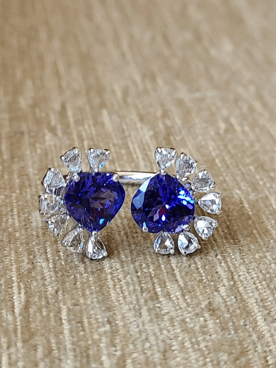 Tanzanite Set in 18K White Gold & Rose Cut Diamonds Cocktail/ Engagement Ring