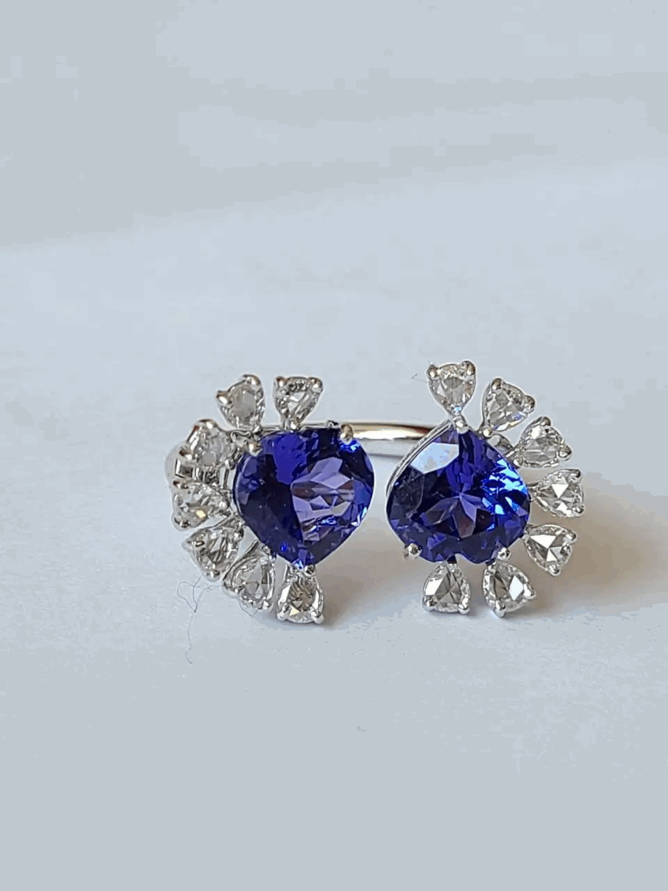 Tanzanite Set in 18K White Gold & Rose Cut Diamonds Cocktail/ Engagement Ring