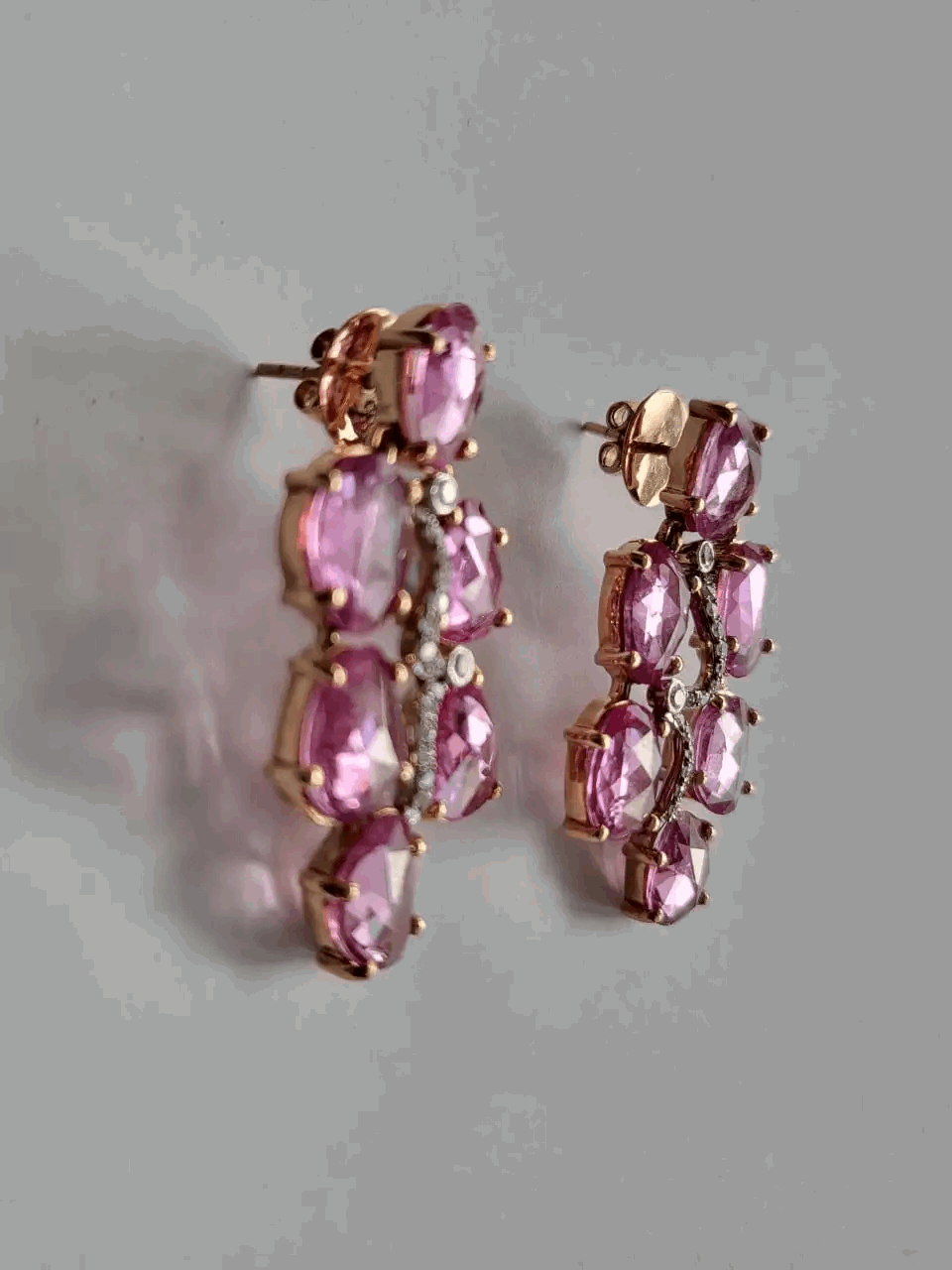 Pink Sapphire Rose Cuts 18.25 carats Set in 18K Rose Gold & Diamonds Earrings