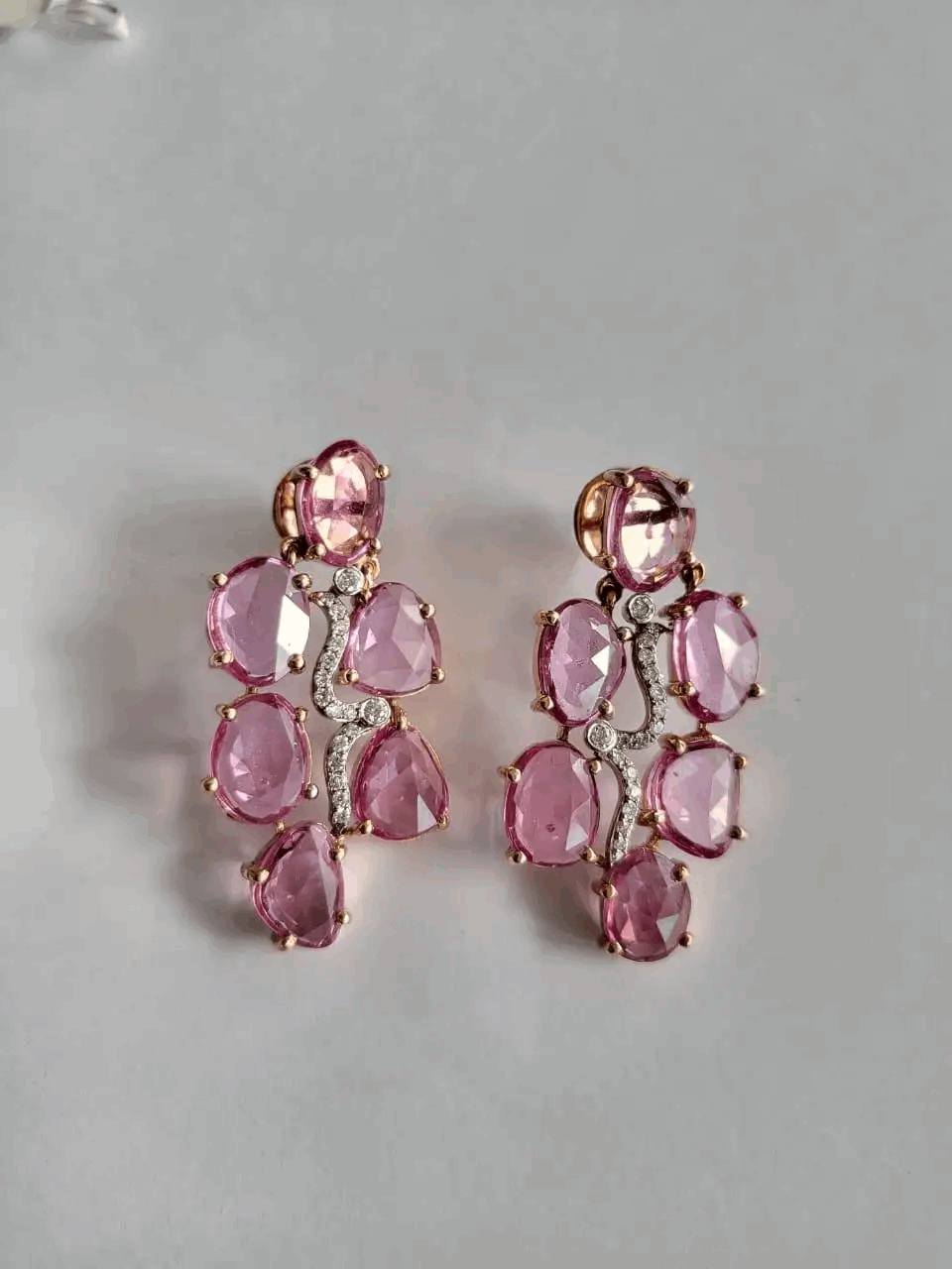 Pink Sapphire Rose Cuts 18.25 carats Set in 18K Rose Gold & Diamonds Earrings