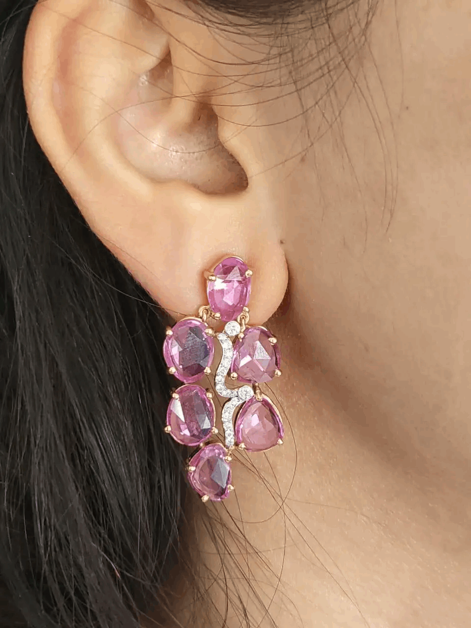 Pink Sapphire Rose Cuts 18.25 carats Set in 18K Rose Gold & Diamonds Earrings