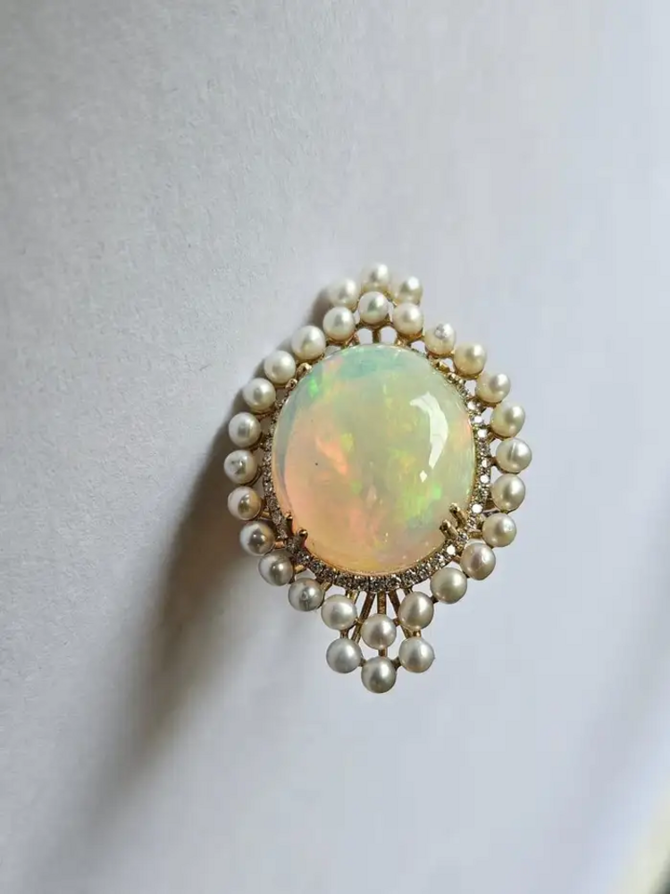 Ethiopian Opal & Freshwater Pearls Cocktail Ring - 18k Rose Gold Diamond Ring - Handmade Gold Diamond Ring