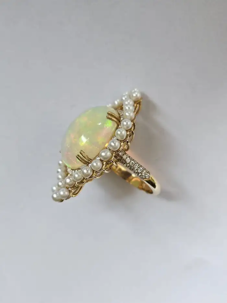 Ethiopian Opal & Freshwater Pearls Cocktail Ring - 18k Rose Gold Diamond Ring - Handmade Gold Diamond Ring