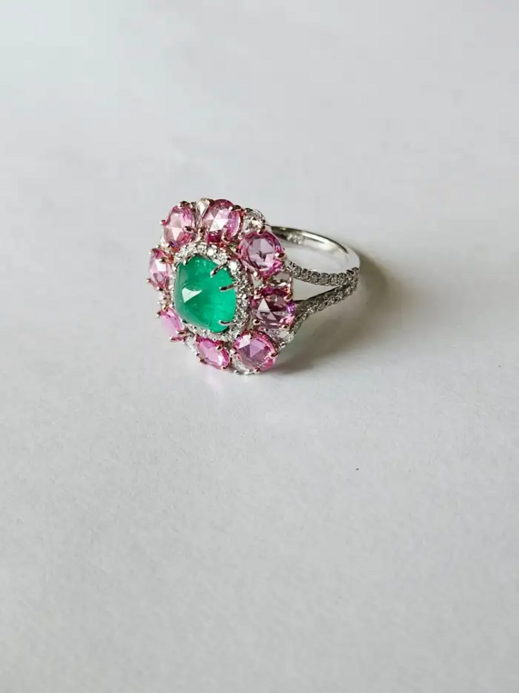 Colombian Emerald Sugarloaf, Pink Sapphires & Rose Cut Diamonds Cocktail Ring - 18k White Gold Ring
