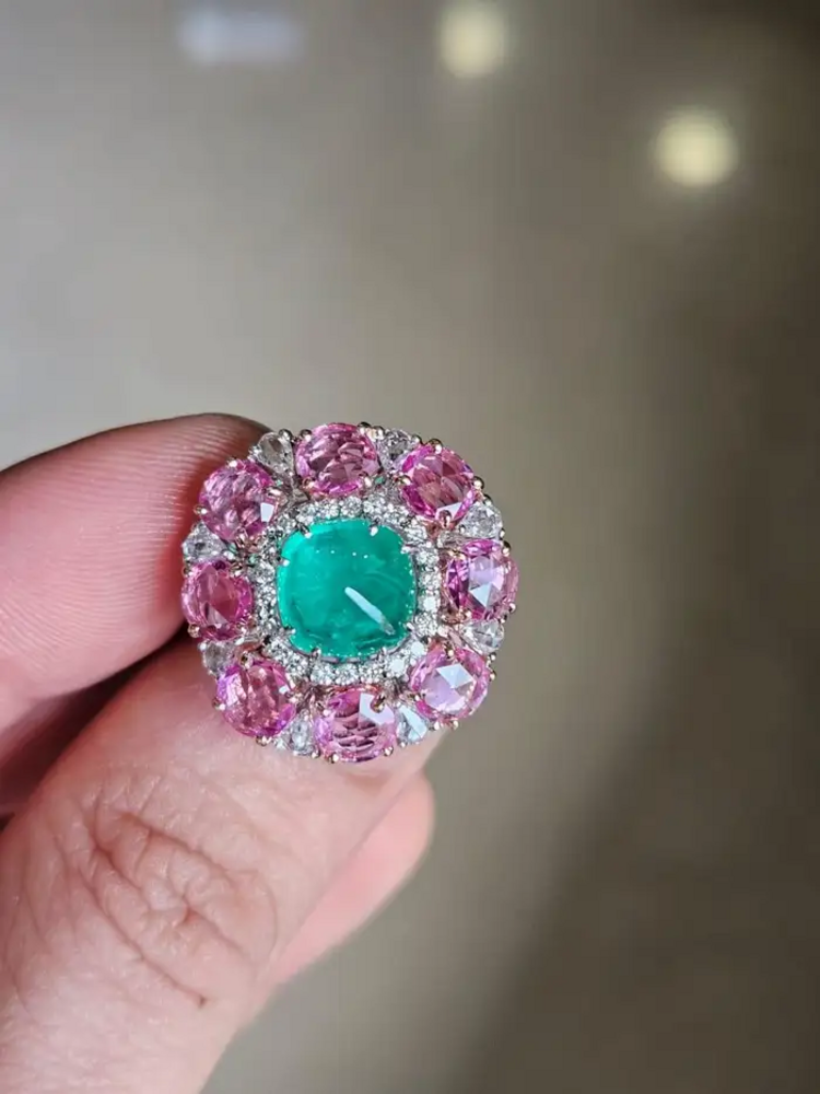 Colombian Emerald Sugarloaf, Pink Sapphires & Rose Cut Diamonds Cocktail Ring - 18k White Gold Ring