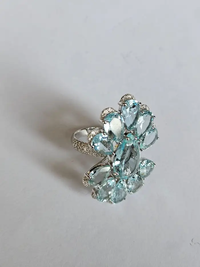 Set in 18K White Gold, 16.20 carats Aquamarine & Diamond oversized Cocktail Ring