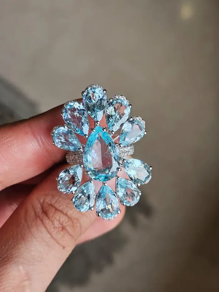 Set in 18K White Gold, 16.20 carats Aquamarine & Diamond oversized Cocktail Ring