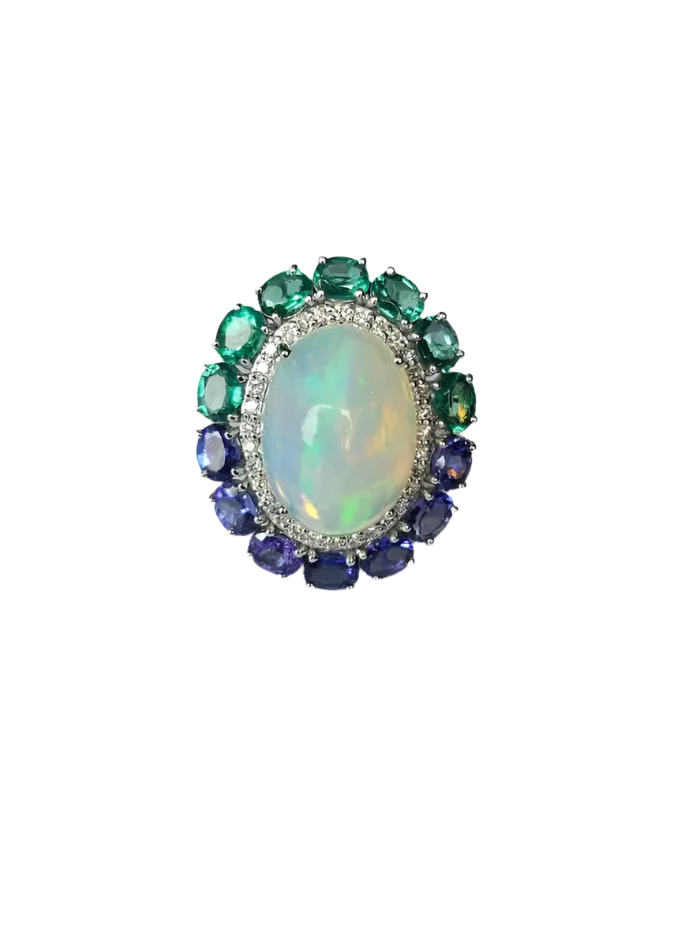 Gold Diamond Ring | 18k White Gold Zambian Emerald Ring | Tanzanite & Ethiopian Opal Cocktail Ring | Handmade Gold Diamond Ring