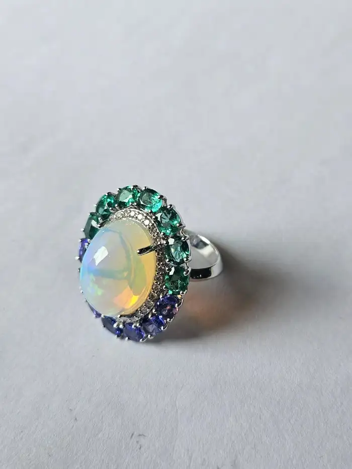 Gold Diamond Ring | 18k White Gold Zambian Emerald Ring | Tanzanite & Ethiopian Opal Cocktail Ring | Handmade Gold Diamond Ring