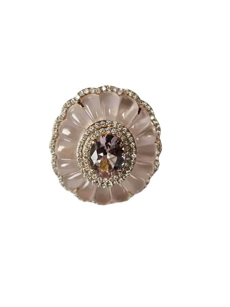 Natural Morganite & Rose Quartz Gemstone Ring - 18k Yellow Gold Diamond Cocktail Ring