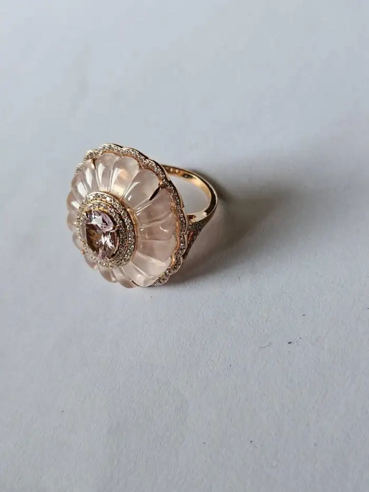 Natural Morganite & Rose Quartz Gemstone Ring - 18k Yellow Gold Diamond Cocktail Ring