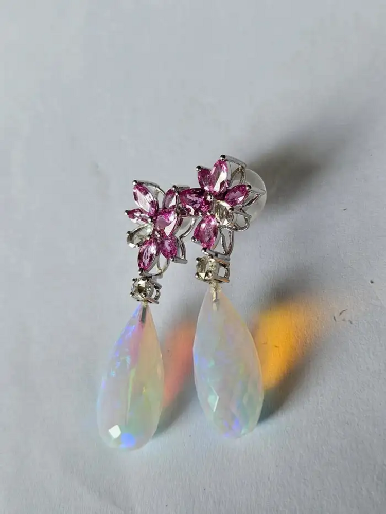 Natural Ethiopian Opal & Diamond Dangle Earrings - 18k White Gold Pink Sapphire Women Jewelry