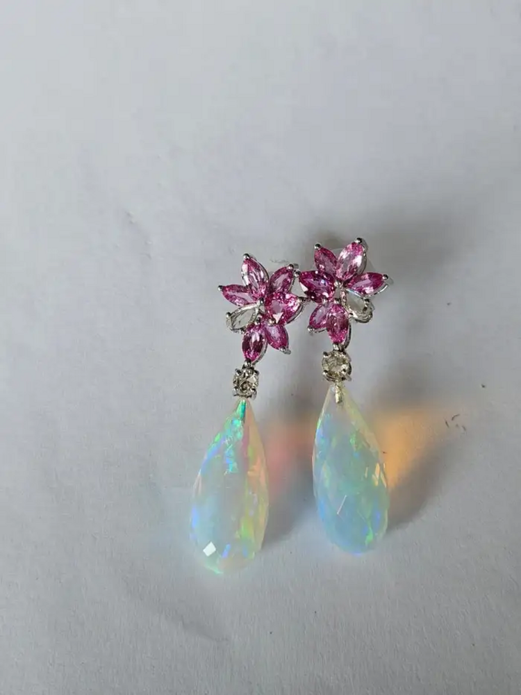 Natural Ethiopian Opal & Diamond Dangle Earrings - 18k White Gold Pink Sapphire Women Jewelry