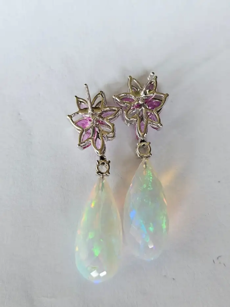 Natural Ethiopian Opal & Diamond Dangle Earrings - 18k White Gold Pink Sapphire Women Jewelry