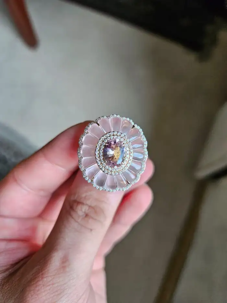 Natural Morganite & Rose Quartz Gemstone Ring - 18k Yellow Gold Diamond Cocktail Ring