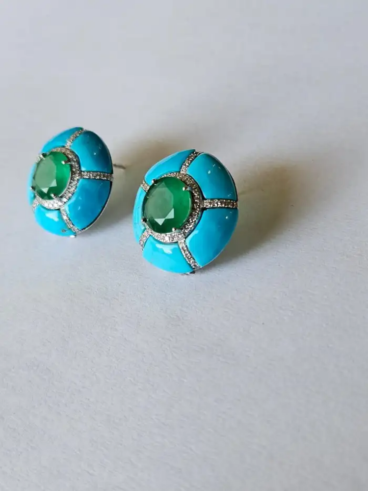 18k White Round Zambian Emerald Stud Earrings - Turquoise Gemstone & Diamond Women Jewelry