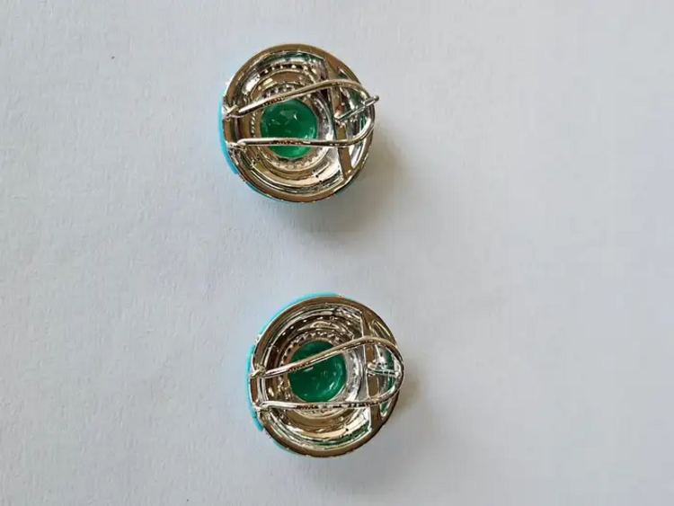 18k White Round Zambian Emerald Stud Earrings - Turquoise Gemstone & Diamond Women Jewelry