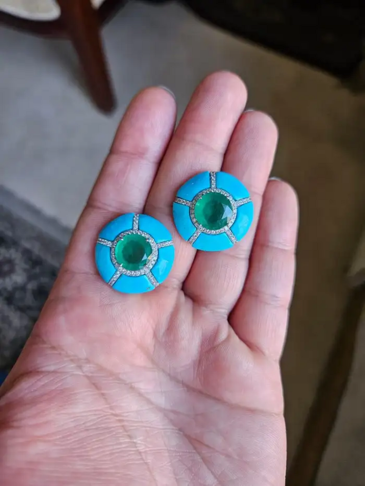 18k White Round Zambian Emerald Stud Earrings - Turquoise Gemstone & Diamond Women Jewelry