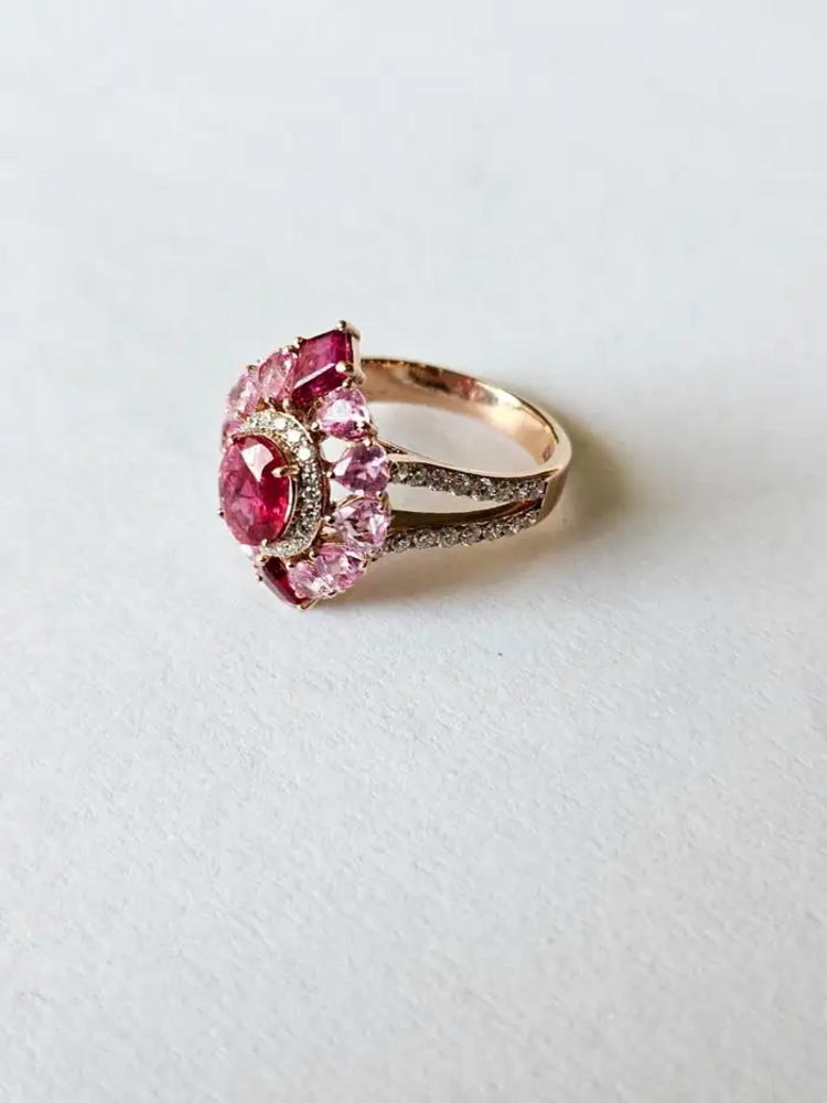 18K Yellow Gold, natural Mozambique Ruby, Pink Sapphire & Diamonds Cocktail Ring